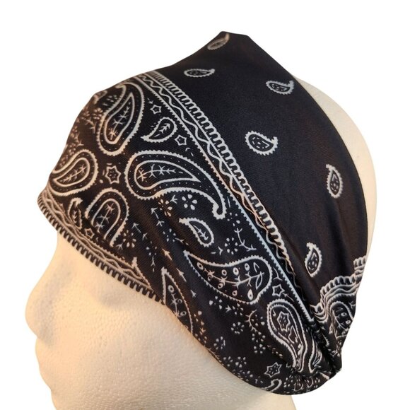 Black Paisley Knit Headwrap Hairband Soft Stretchy Headband  Unisex Sweatband - Picture 2 of 6